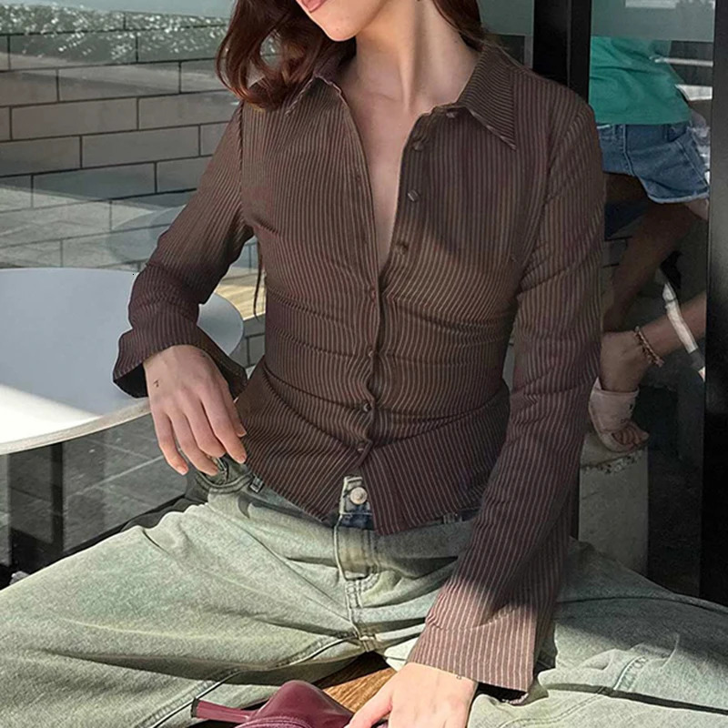 IAMTY Vintage Striped Blouses Brown Buttonup Slimfit Shirts Office Ladies High Street Turndown Collar Flared Sleeve Tops 250121