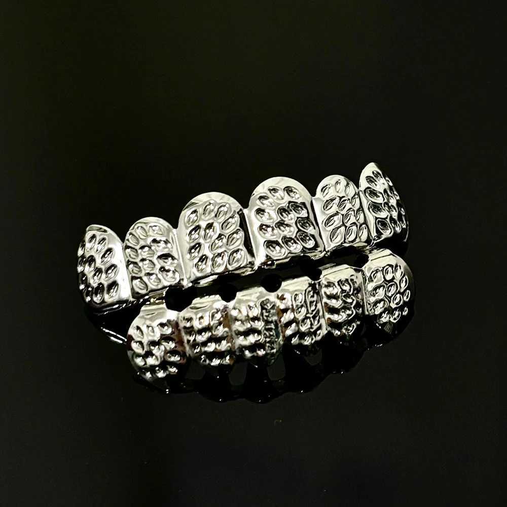 RACHELZ 6/6 Gold Silver Color Carving Patterns Teeth Grillz Braces Hip Hop Glossy Tooth Caps For Women Men Jewelry Dental GrillsXJ250114
