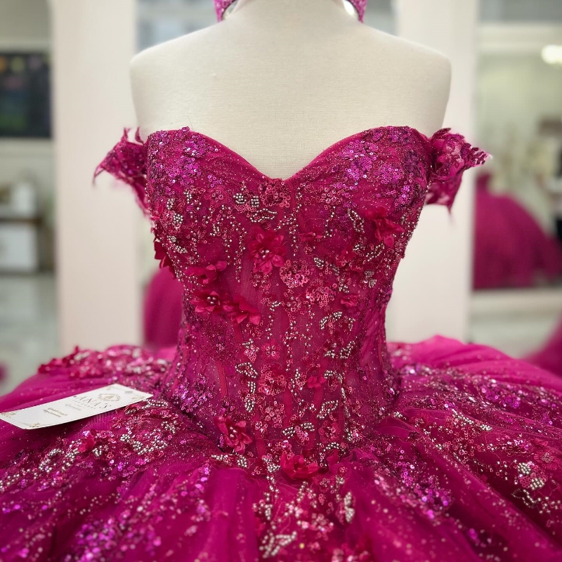 Rose Red Quinceanera Dresses Ball Gown Off The Shoulder Applique Lace Beading Crystal Tull Party Birthday Sweet 16 Dress Vestidos De 15 Anos