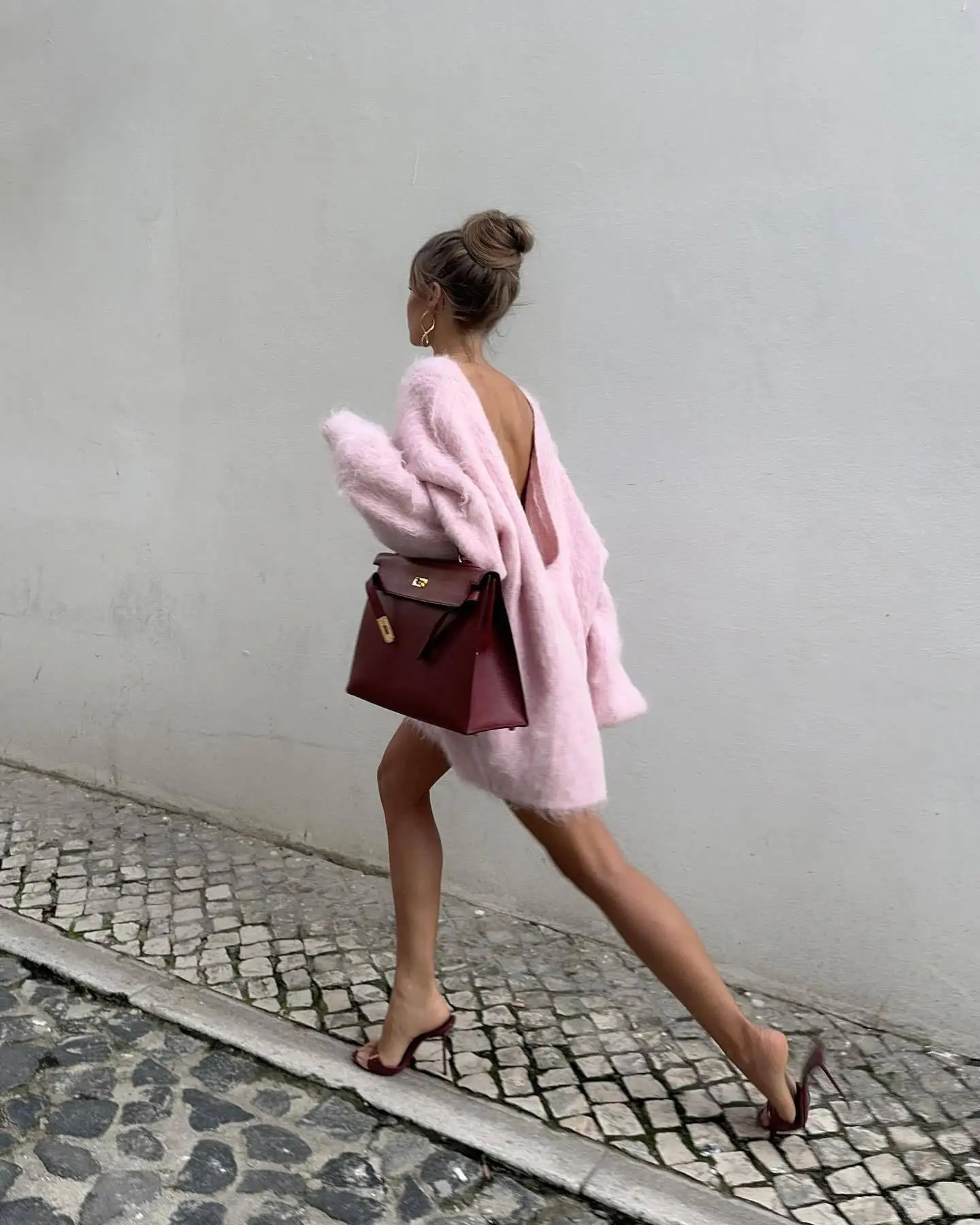 Female Street Pullover Sweater Women Sexy Mohair Pink Backless Sweater Elegant O-neck Long Lantern Sleeves Loose Knitwear 250118