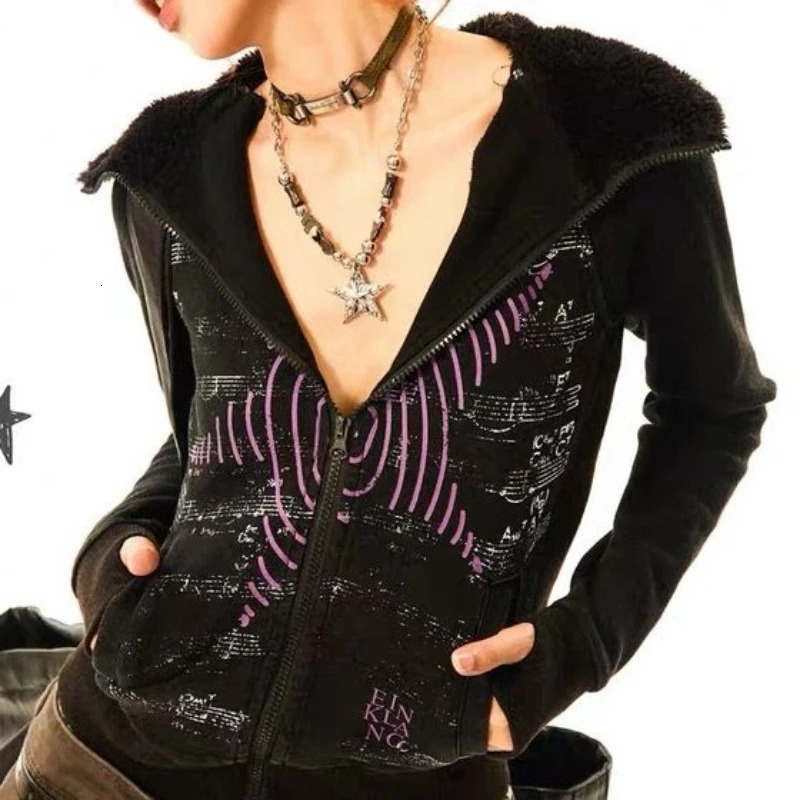 Y2k Fairy Cropped Hoodies Jackets Women Punk Double Zippers Slim Fit Coats Aesthetic Grunge Harajuku Star Print Tops Streetwear 250118