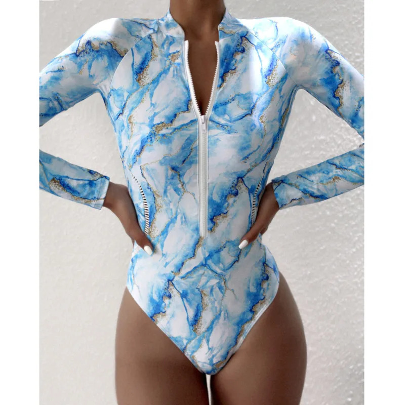 Summer Print Zipper One Piece Swimsuit Closed Long Sleeve Swimwear Sports Surfing Womens Swimming Bathing Suit Beach Bather 250109