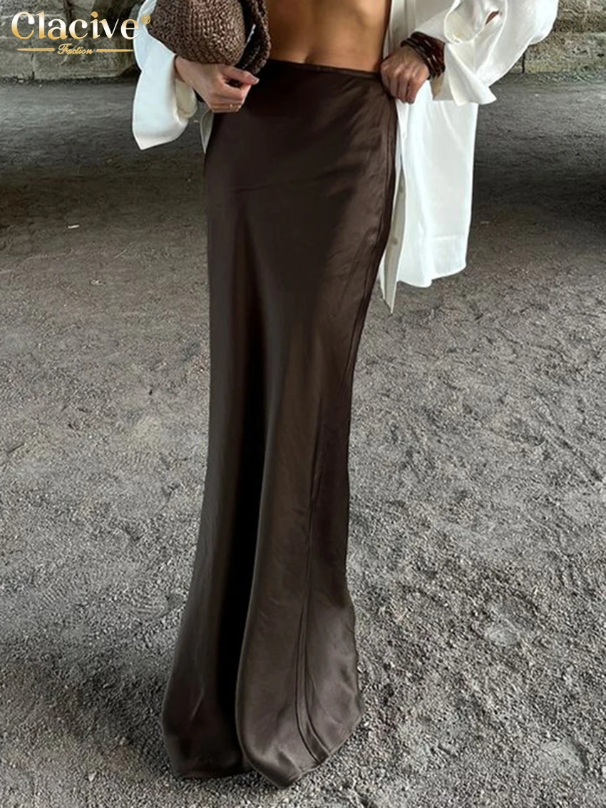 Clacive Fashion Loose Brown Satin Womens Skirt Elegant High Waist Maxi Skirts Ladies Casual Simple Skirt Female Clothing 250117