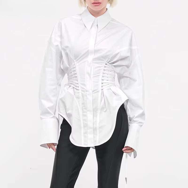 Solid Spliced Lace Up T Shirts For Women Lapel Long Sleeve Patchwork Single Breasted Fashion Top Female Clothing