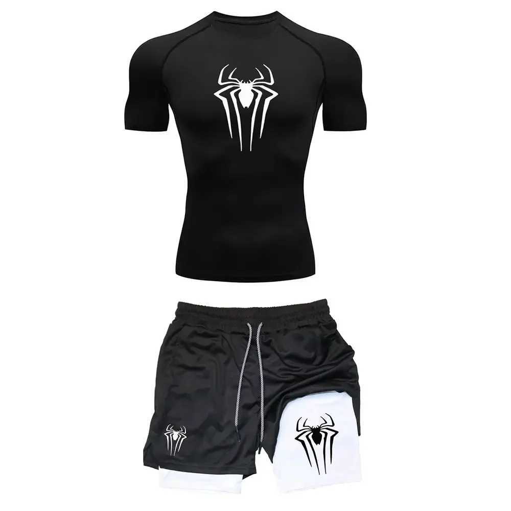 Mens sports compression set Y2K spider print gym T-shirt breathable running shorts quick drying sports protection Rush sportswear set X250129