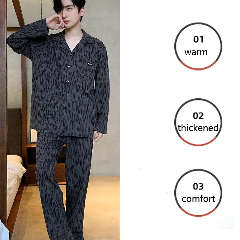 High-Grade Cotton Pyjamas Mens Autumn Winter Long-Sleeved Big Yards Outside the Cardigan Homewear Plaid Sleepwear Man2PCS/Set 250108