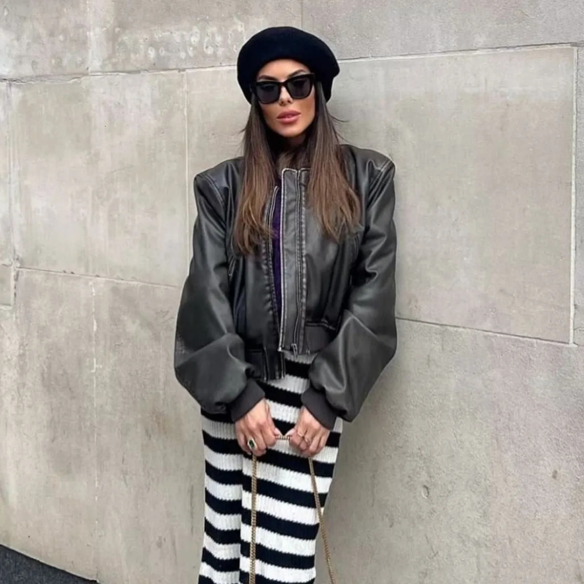 PU Street Fashion Short Style Slim Fit Jacker For Women Zipper Stand Collar Motorcycle Bomber Jacket Ladies Leather Jacket 250118