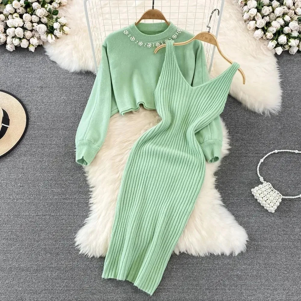 Women Sweater Midi Dress Set Casual Pullovers Suits Autumn Winter O-neck Long Sleeve Knitted Solid Slim Elegance Tops Elastic 250113