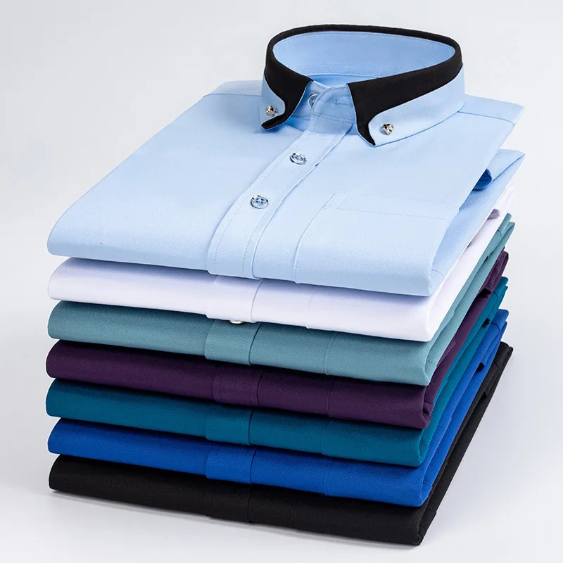Mens Business Dress Shirts long Sleeve Contrast Collar Social Camisa With Diamond Antiwrinkle Button Down Black Blue 250110