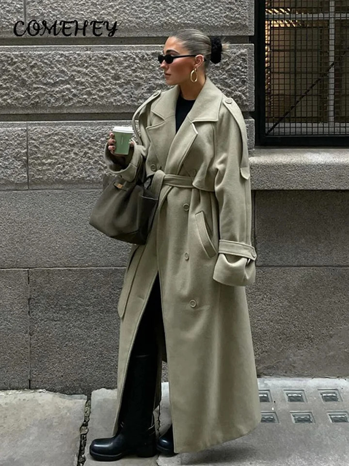 Elegant Double Breasted Belt Women Long Coat Full Sleeve Pocket Lapel Ladies Outerwear Autumn Winter Loose Trench Female 250118