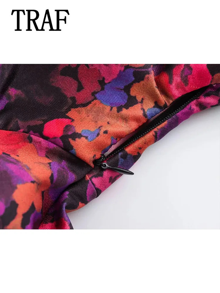 TRAF Women Pleated Long Dresses 2023 Autumn Sleeve Vintage Print Midi Dress Female Party 250121