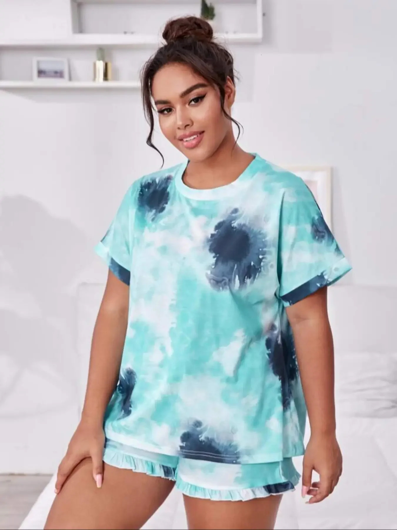 2 Pcs Plus Size Tie Dye Pajama Set with Lettuce Trim Shorts and Short Sleeve Tee Comfortable Home Wear for Casual Days 250122