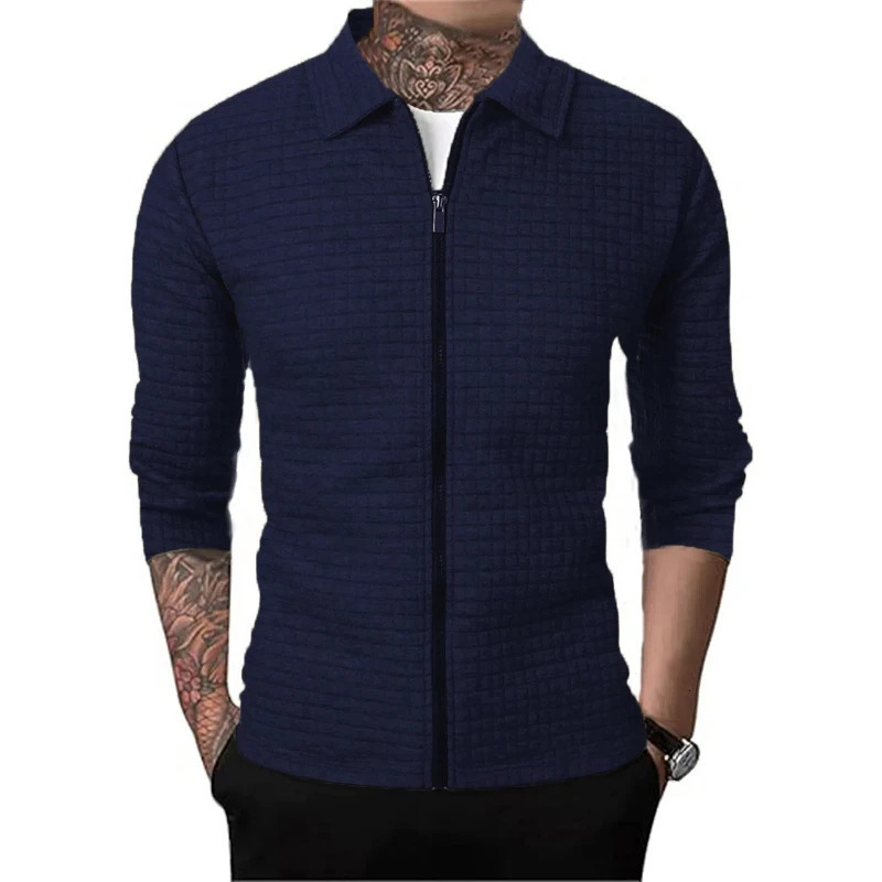 Checkered Fabric Mens Jackets Autumn Casual Zipper Cardigan Long Sleeved Lapel Waffle Vintage Allmatch Coats 250122