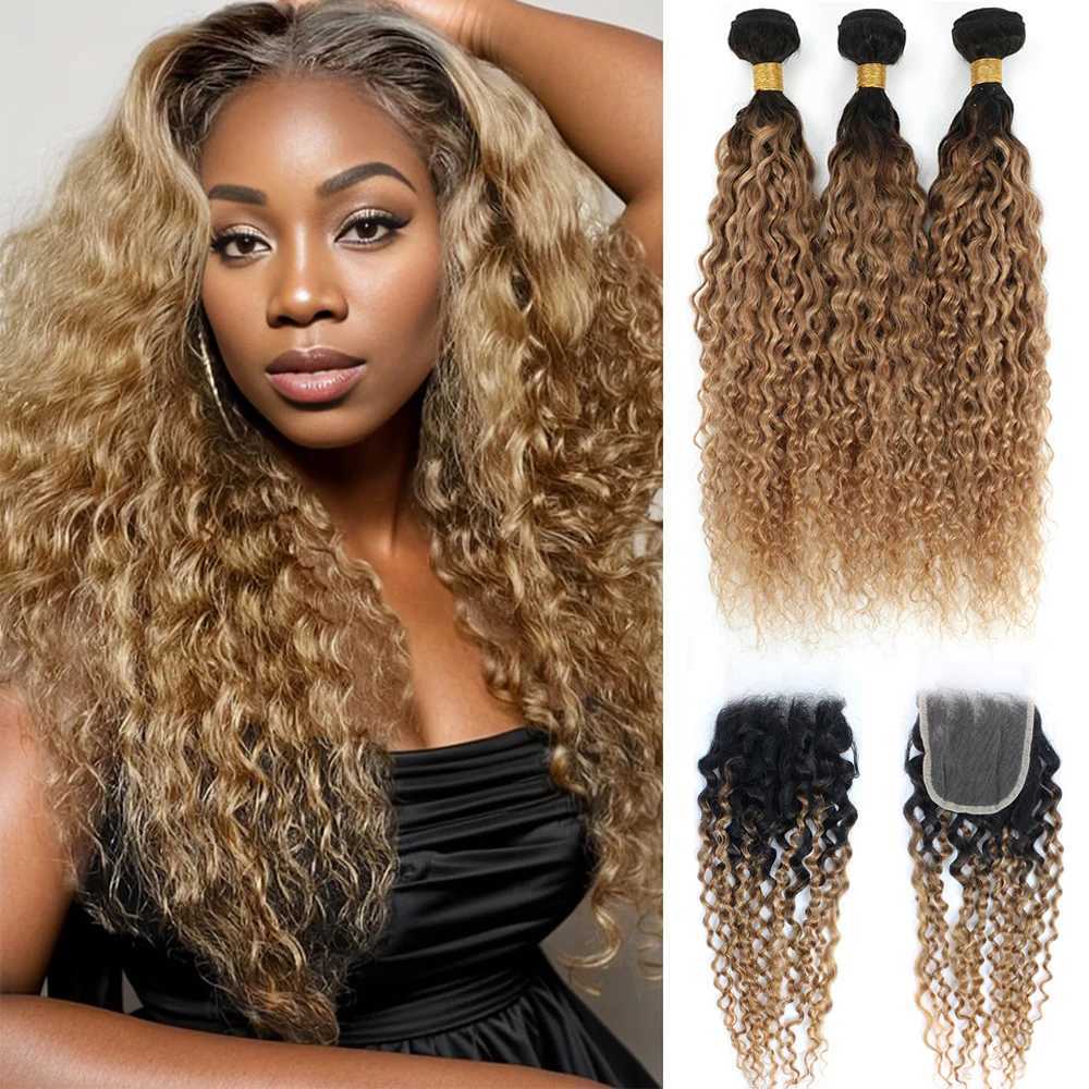 Water Wave Bundles With Clo Honey Blonde Human Hair Bundles With Clo Brazilian 1B/27 Curly Bundles With CloXJ250120