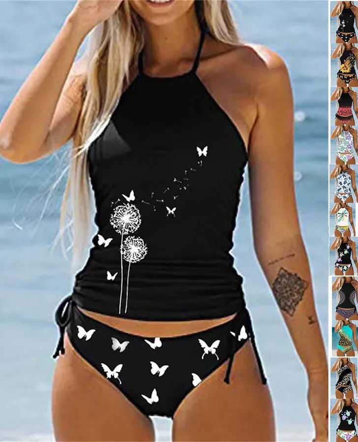 Summer Womens Double Strap Swimsuit Comfortable Vacation Beach Tankini Short Dandelion Print Bikini S-6XL 250109