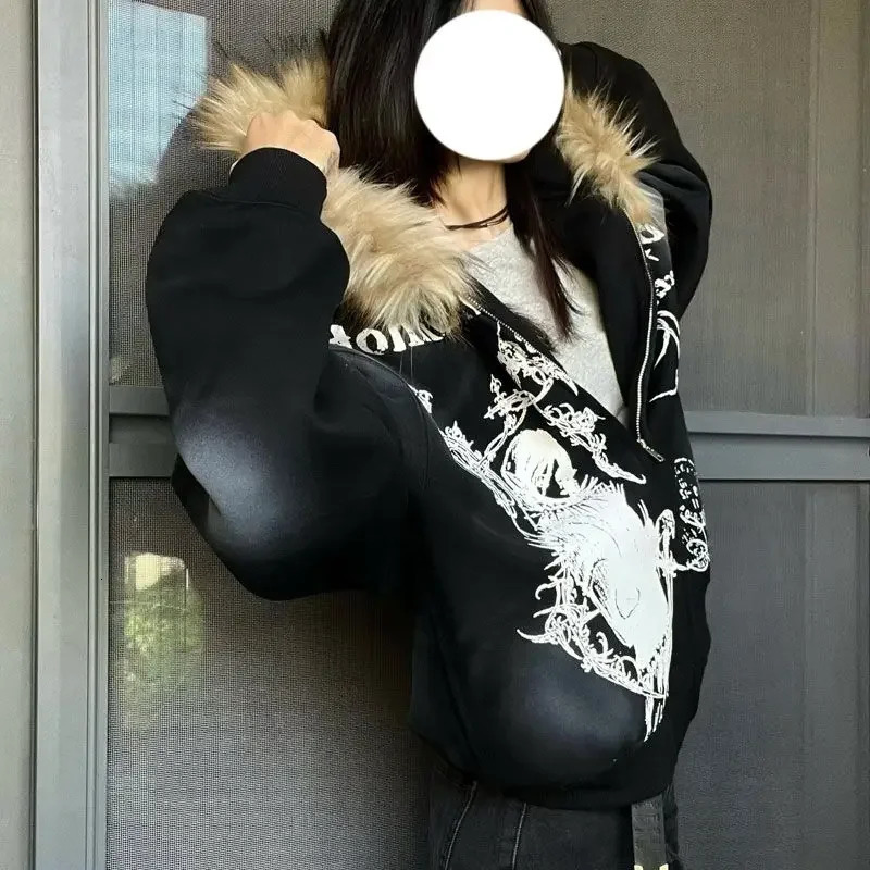 High Street Trendy Y2K Streetwear Jacket Gothic Punk Printed Fur Collar Zipper Hoodie Women Casual Loose Sweatshirt 250122