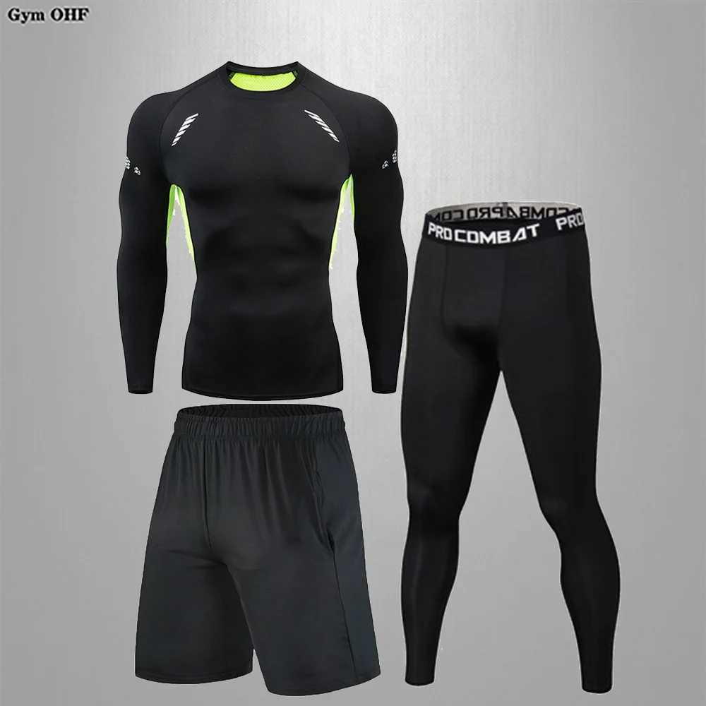 3-piece mens solid color quick dry running set mens gym T-shirt tight fitting set outdoor sports compression shirt X250129