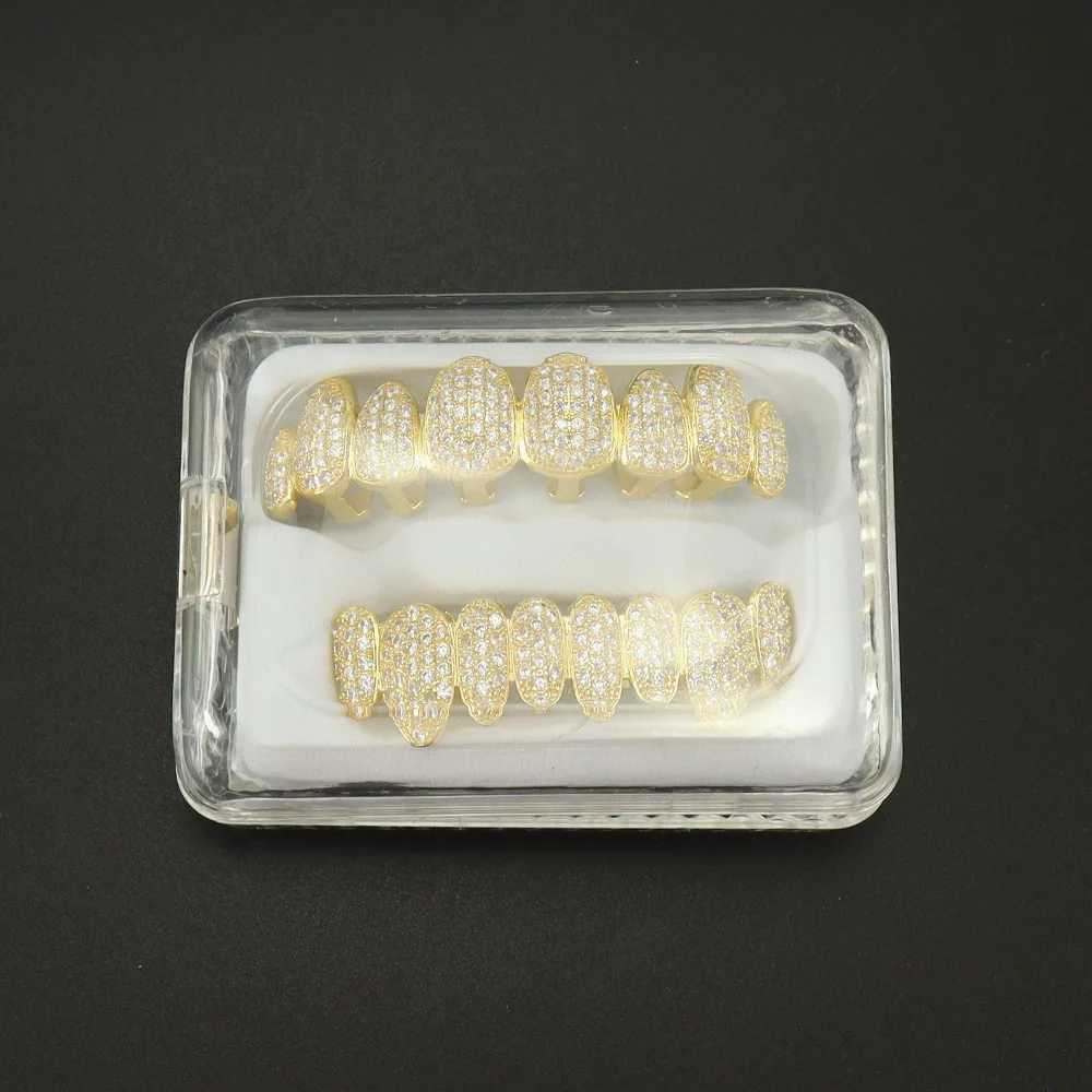 1set Hip Hop Iced Out Teeth Grillz Gold Plated Dental Grills Rock Tooth Grillz Caps Crystal Teeth Caps Halloween Tooth GiftXJ250114