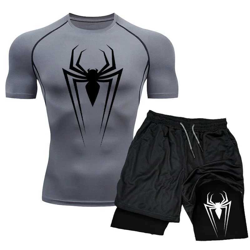 Mens Compression Set Short Sleeve Boxing Sport Gym Top+Workout Shorts Double Layer Quick Drying Breathble Tight Rashguard Suit X250129