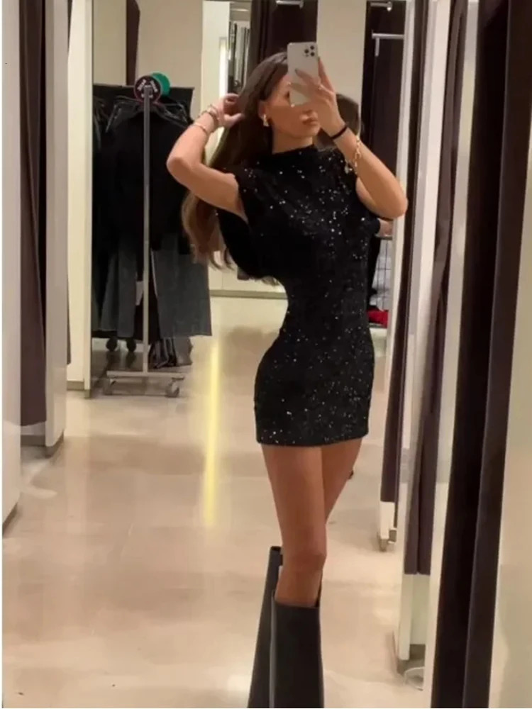 TRAF Womens Sequins Tight Package Hip Mini Dress Fashion Elegant O Neck Flying Sleeve Glitter Short Sexy Party Evening Dresses 250109