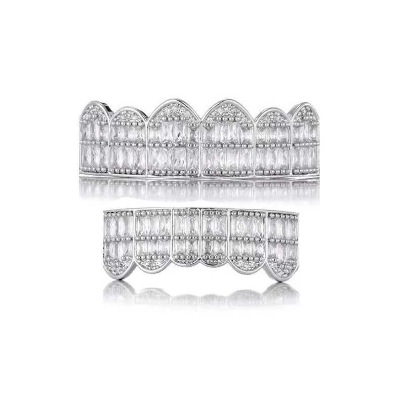 Hip Hop Full CZ Iced Out Teeth Grillz Caps Bling Cubic Zircon Micro Pave Top Bottom Charm Grills Set For Men Women JewelryXJ250114