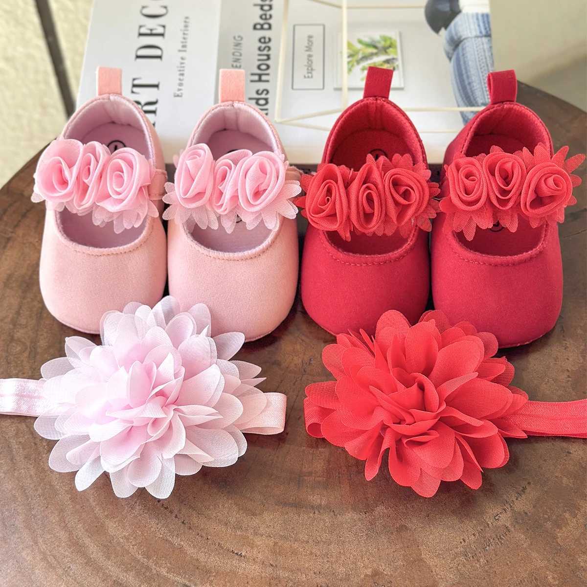 2pcs Baby Girls Flat Shoes With Flower Decor Princess Crib Shoes First Walker Shoes Headband For Newborn Infant X250129