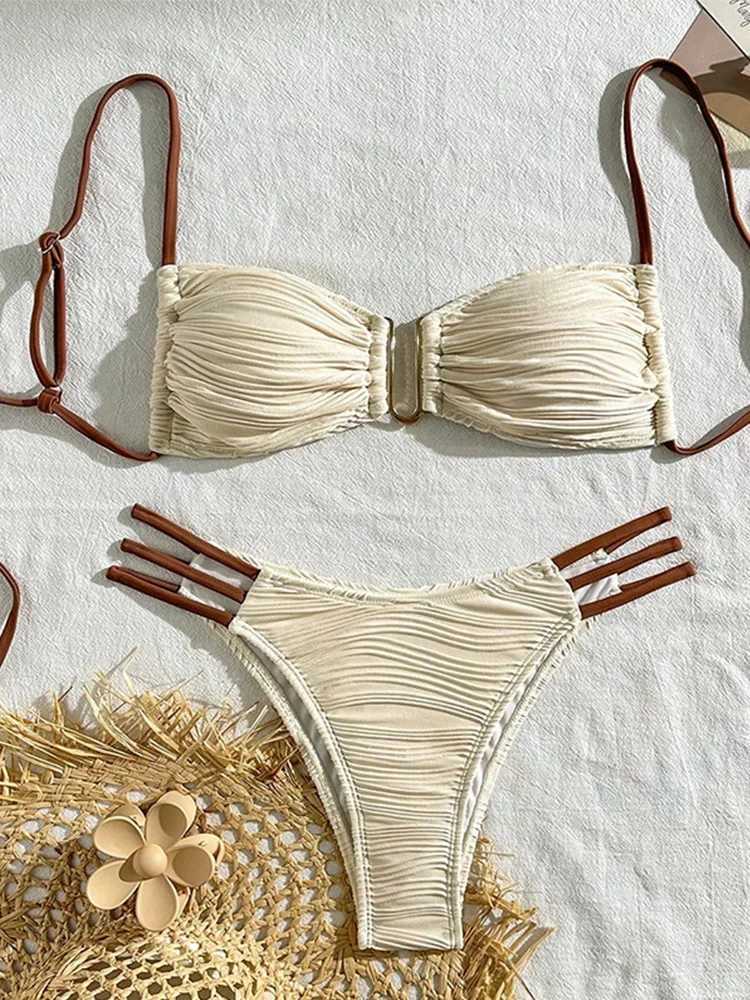 Sexy Solid Pleat Lace Up Bikinis 2 Piece Set Women Split Swimsuit High Waist Beach Bikinis 2025 New Summer Swimwear Bikinis SetXJ250120