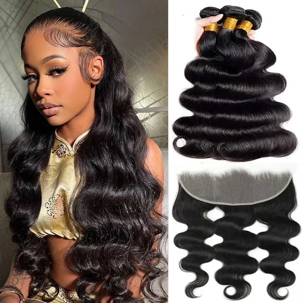 Body Wave Bundles with 13x4 Lace Frontal Human Hair Clo with 3 Bundles Weave Brazilian Remy Hair Natural Black ExtensionsXJ250120