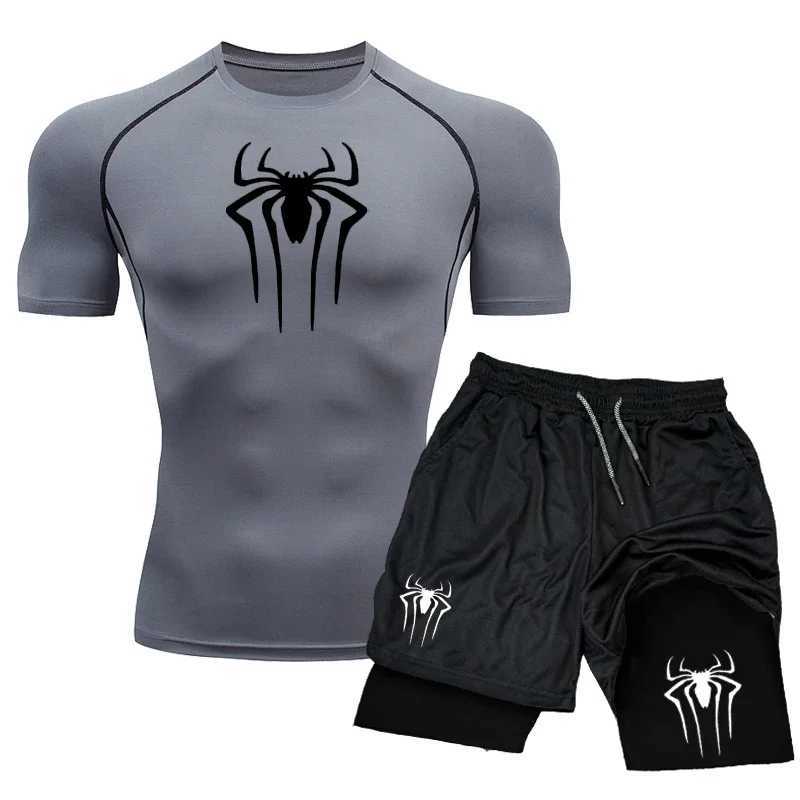 New Compression Set Spider Print Sportwear for Men Quick Dry GYM Shorts+Shirt 2PCS Quick Dry Short Sleeve Training Sport Suit X250129