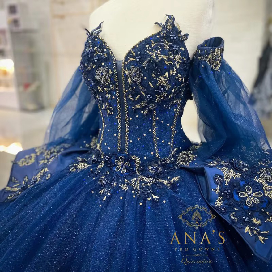 Customized Navy Blue Quinceanera Dress Ball Gown Lace Applique Beading Detachable Sleeve Sweet 16 Vestidos 15 Anos