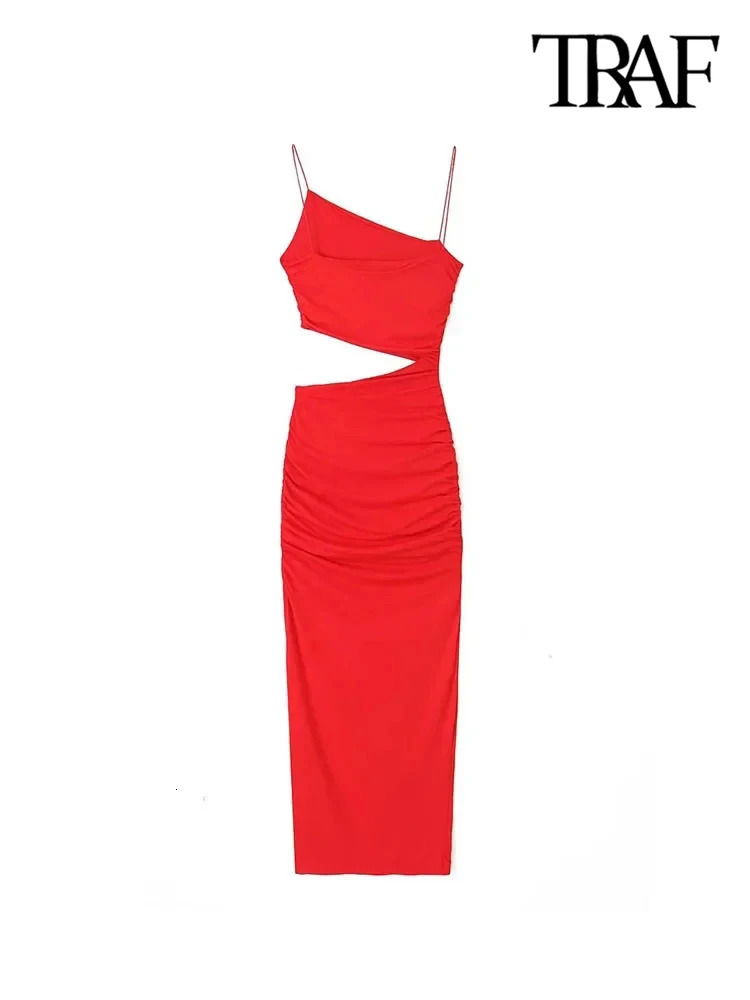 TRAF Women Fashion With Gathered Hollow Out Midi Dress Sexy Asymmetric Neck Thin Straps Female Dresses Vestidos Mujer 250121