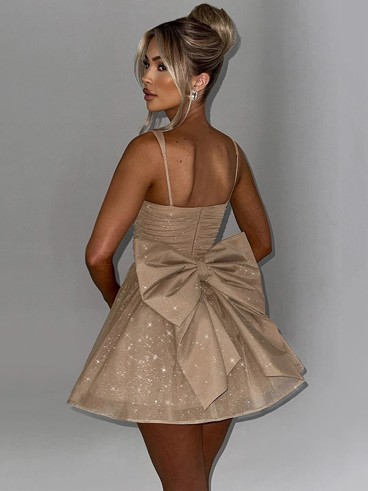 Mozision Bow Backless Sexy Mini Dress For Women Robe Spaghetti Strap Sleeveless Backless High Waist A-line Club Dress Vestido 250113