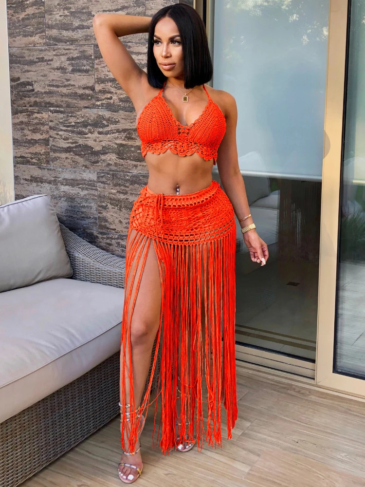 Leosoxs Sexy Women Knitted Set Halter Backless Crop Top Long Tassels Skirt Two Pieces Set Crocheted Beach Outfits 250122