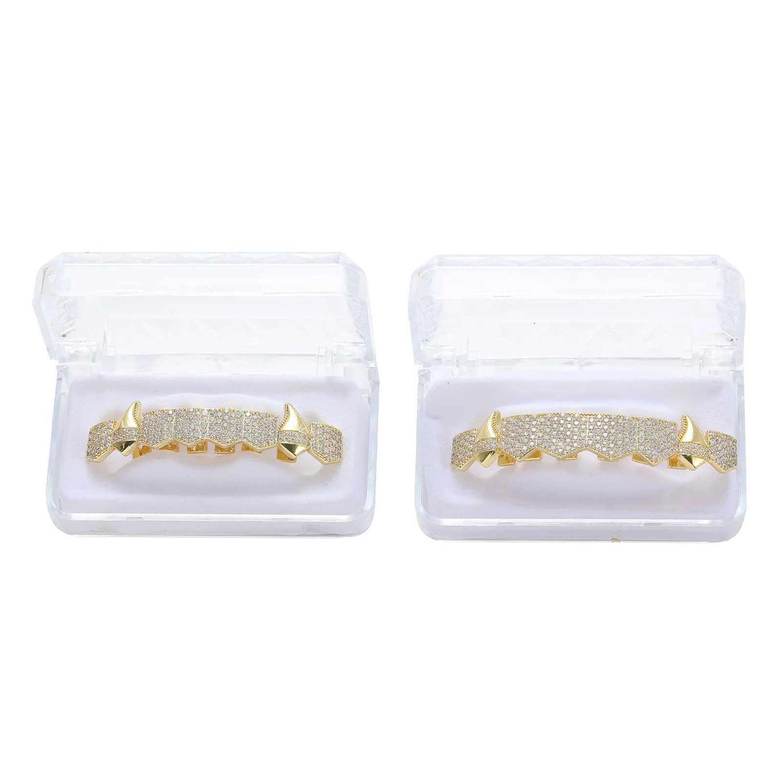 Gold Color Full CZ Teeth Grillz Caps Cubic Zircon Iced Out Micro Pave Top Bottom Charm Grills Set For Men Women Hip Hop JewelryXJ250114