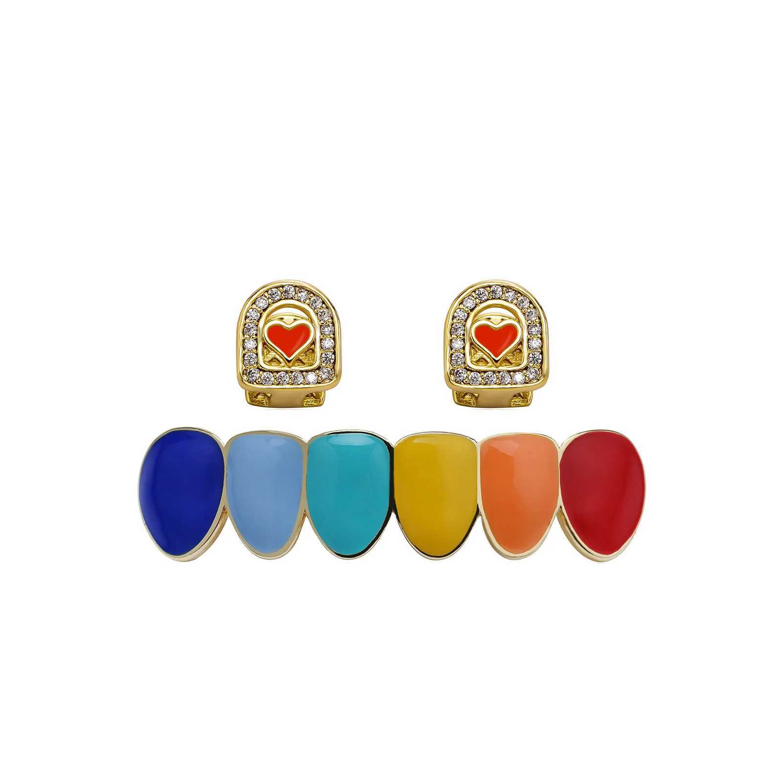 Hip Hop Hollow Heart Teeth Grillz Fangs Trend Top Bottom Tooth Caps For Women Men Body Rapper JewelryXJ250114