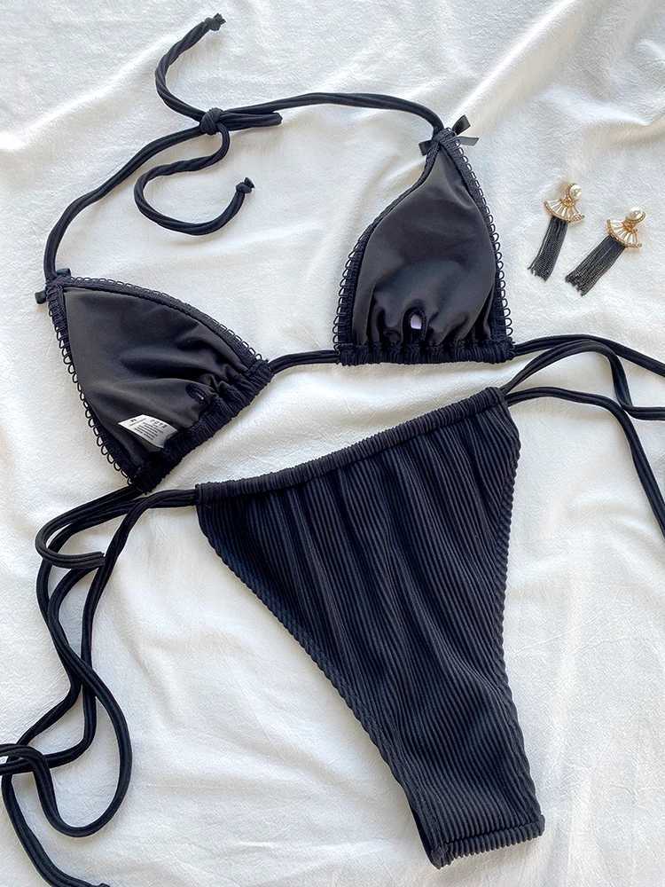 Miyouj 2024 Ribbed Swimwear Thongs Bikinis Sexy Swimsuit New Two Piece Suit Triangle Biquinis Bandage Bathsuit Black BeachwearXJ250120