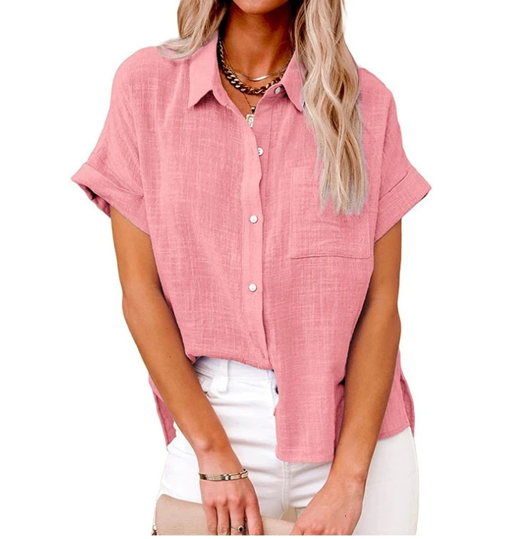 Women Pure Color Linen Shirt Short Sleeve Casual Loose Fit Blouse Fresh Sweet Style Polyester Fabric Available In Multiple Sizes 250121