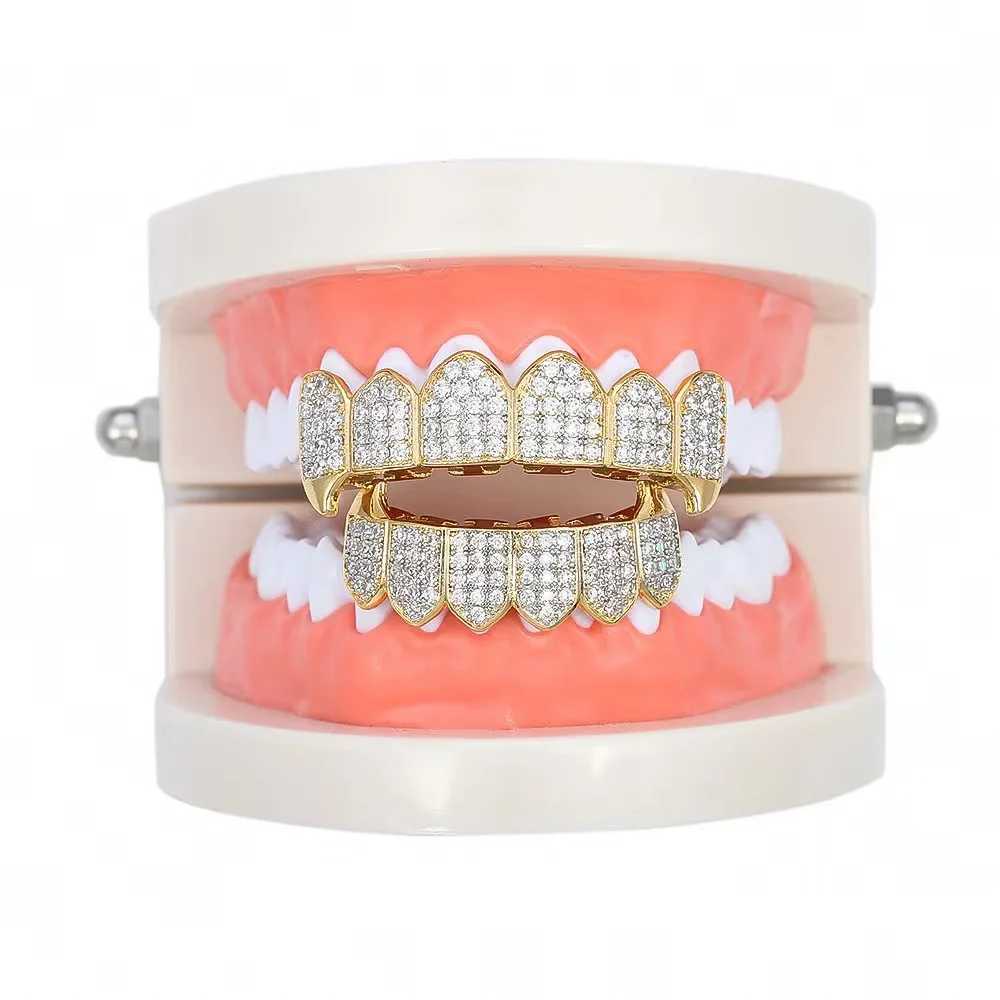 Hip Hop New Full CZ Teeth Grillz Caps Bling Cubic Zircon Iced Out Micro Pave Top Bottom Charm Grills Set Men Women Jewelry GiftXJ250114