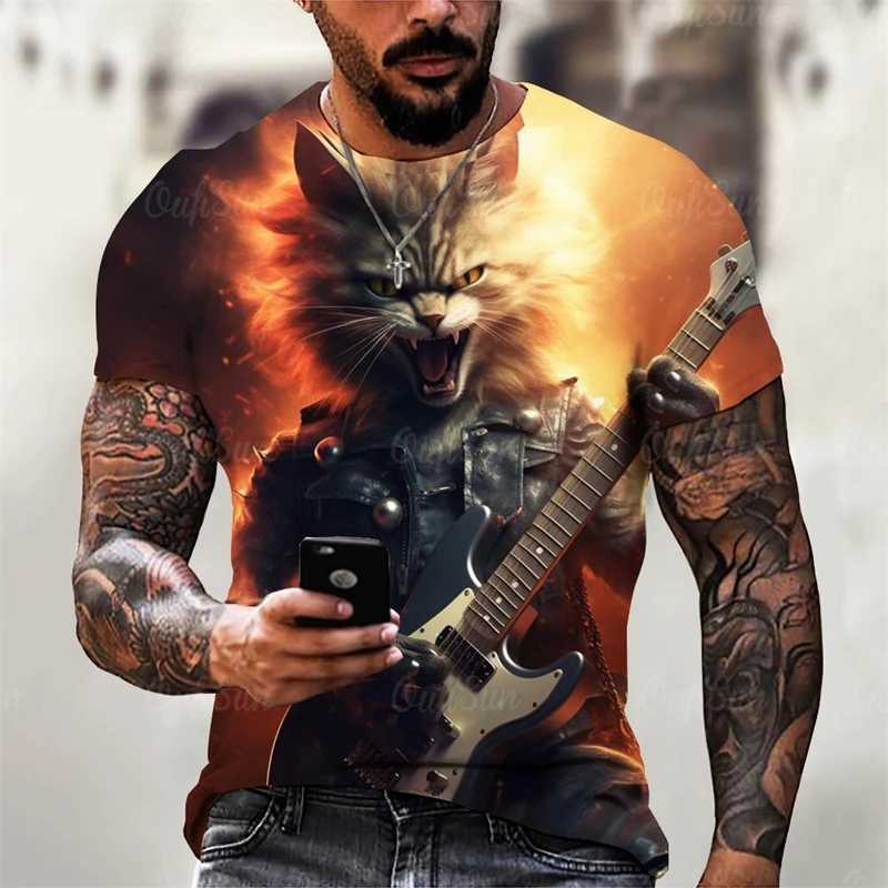 Trend Rock Guitar Cat Graphics T Shirts Summer Fashion Short Sleeve Cool 3D Animals Printed Mens T-shirts Casual Streetwear TeesXJ250117