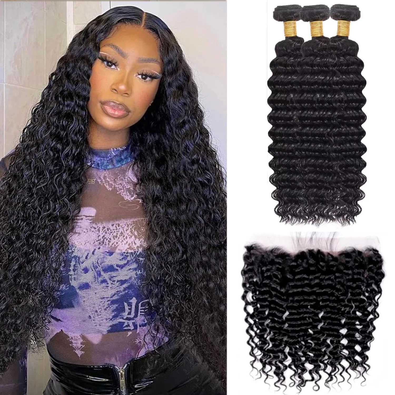 Deep Wave Bundles with Clo Human Hair 100% Brazilian Virgin Remy Hair 3 Bundles and 13x4 HD Lace Clo with Baby Hair #1BXJ250120
