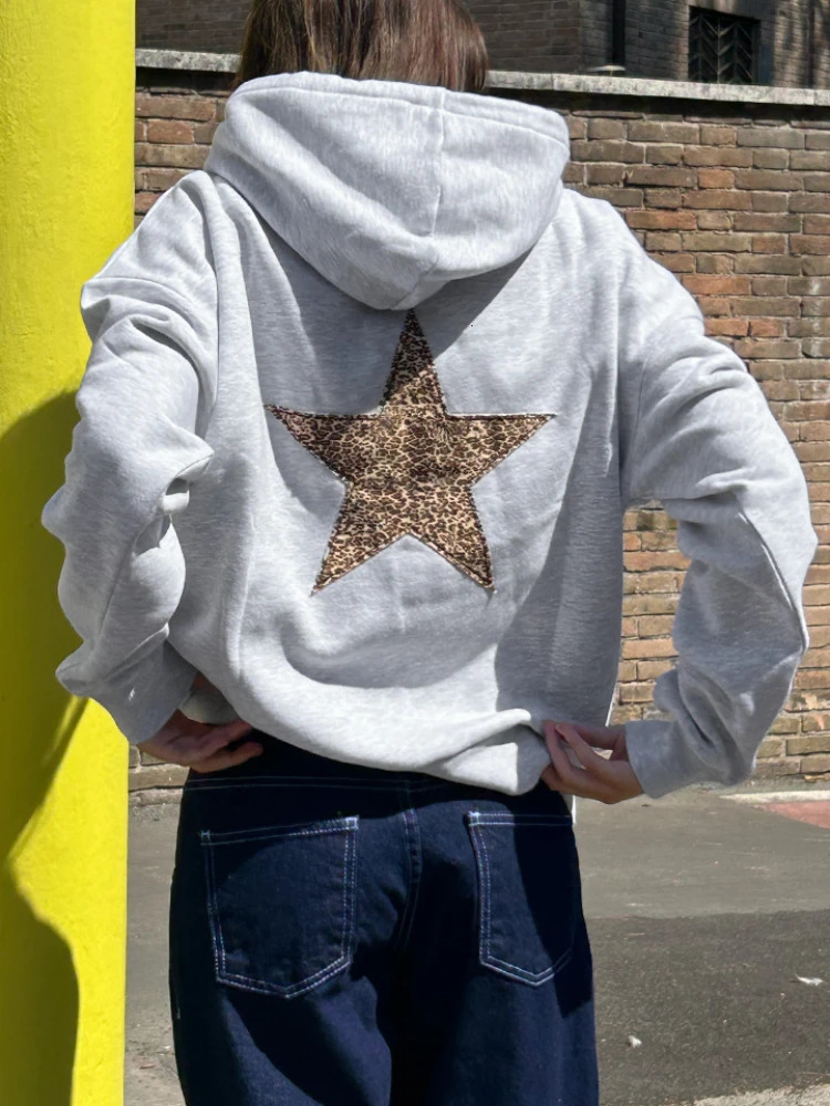 European and American crossborder womens long sleeved star printed shoulder down hooded drawstring sweatshirt 250122