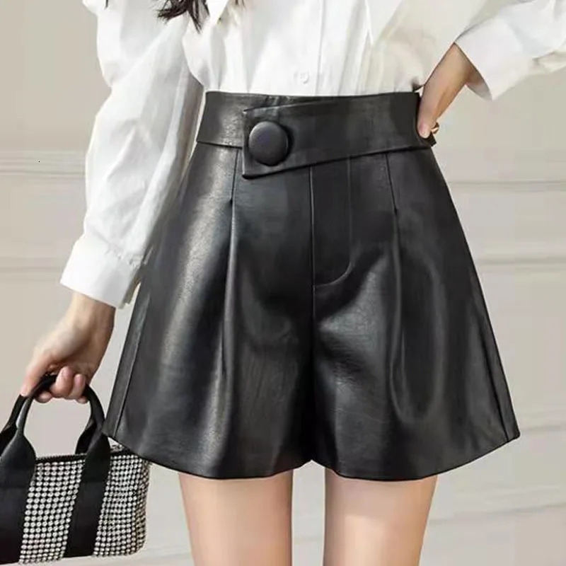 Korean Loose Patchwork Solid Color Leather Shorts Autumn Winter Womens Clothing High Waist All-match Simplicity Pockets Pants 250118