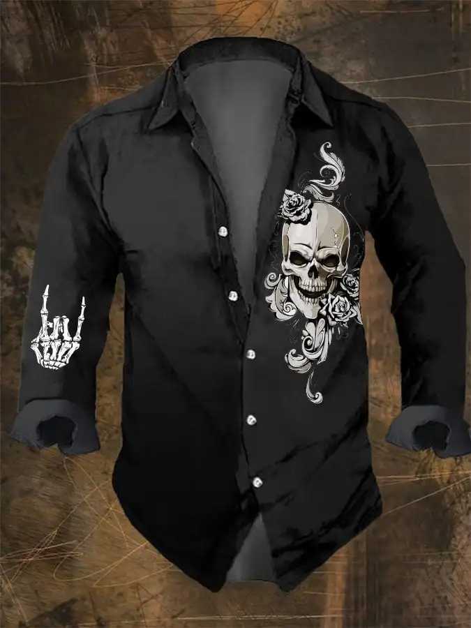 High Quality Halloween Mens Retro Dark Skull Prints Long Sleeve Shirt-Faith Chest PrintRegular FitLapel Collar Polyester Blend Black Tops T250121