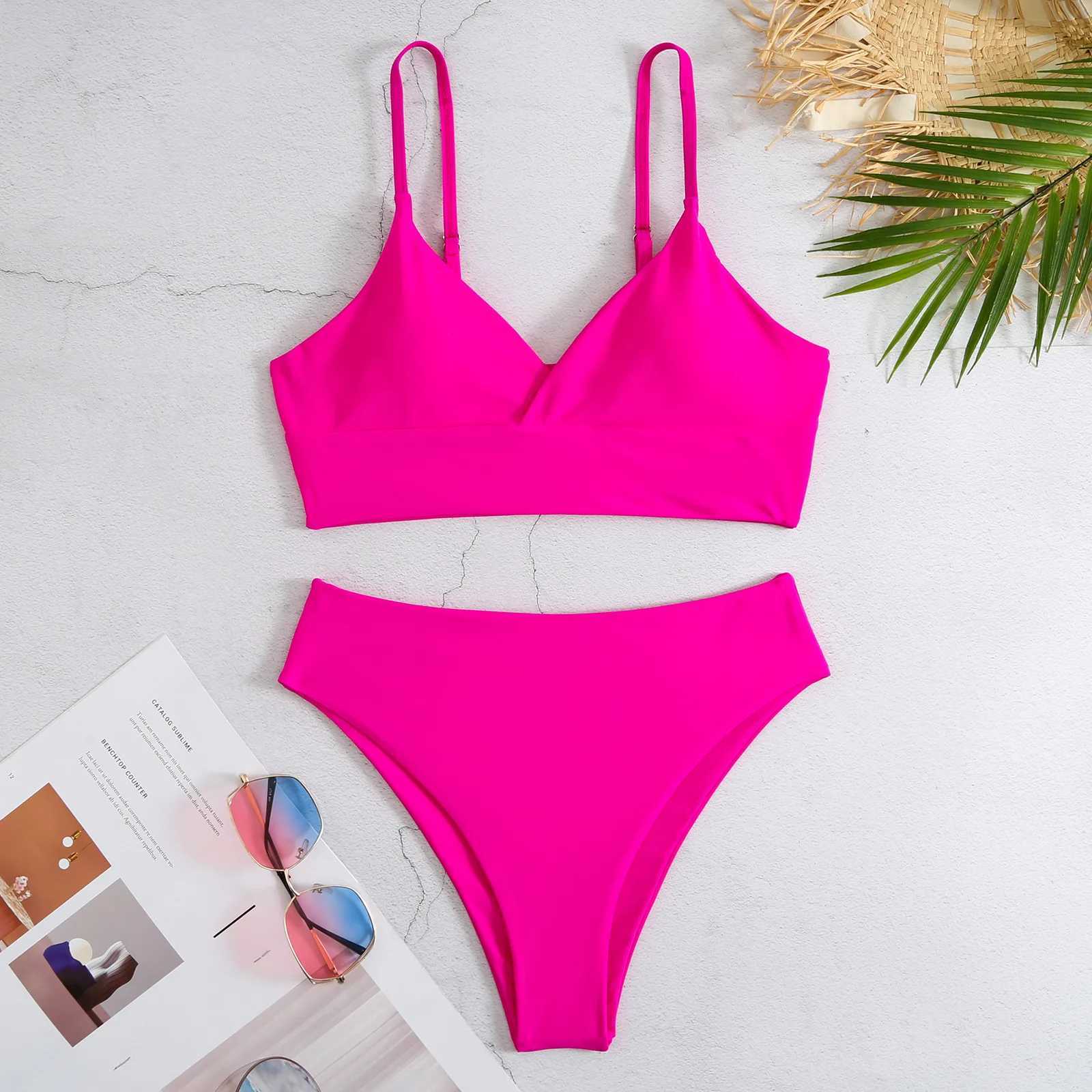 High Waist Bikinis 2023 Women Solid Strape Swimsuit Fe Padded Swimwear Bathers Bathing Swimming Swim Suit Summer BeachwearXJ250120