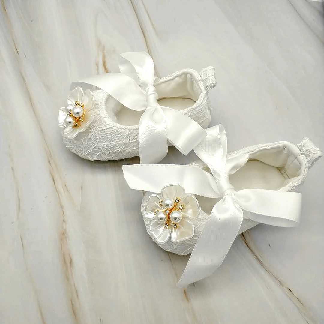 Dollbling Baptism Pearls RIbbon Baby Girl Shoes Christening White Flower Handmade Newborn Princess Infant Wedding Anti-Slip Crib X250129