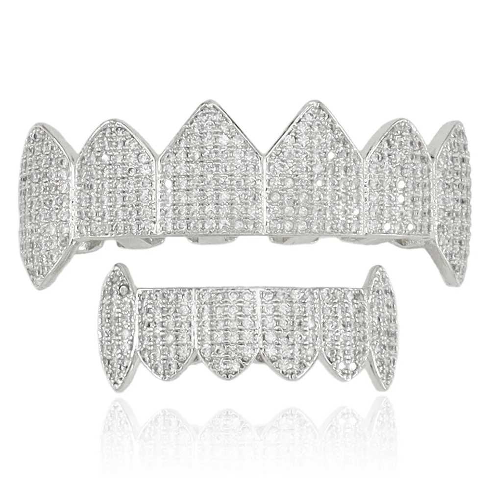 Hip Hop Iced Out CZ Stones Teeth Grillz Caps Cubic Zircon Micro Pave Top Bottom Charm Grills Set For Men Women Jewelry GiftXJ250114