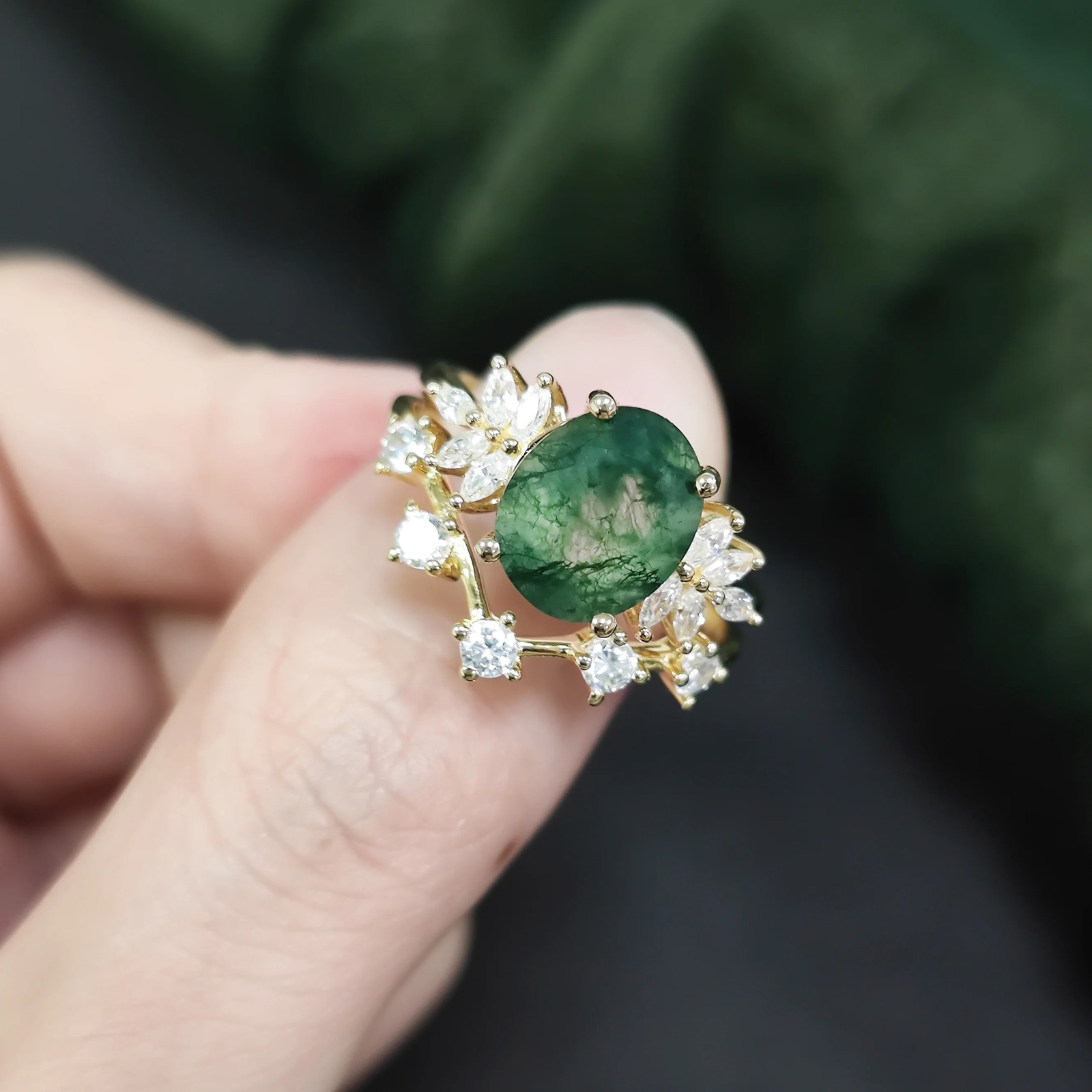 GEMS BALLET Vintage Green Moss Agate Art Deco Cluster Promise Ring Unique Curved Wedding Band Ring Set 925 Sterling Silver 250121
