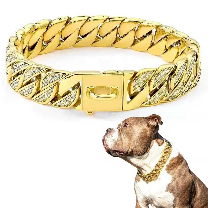 32MM Dog Collar Chain Diamond Inlay Sparkle Bulldog Necklace Cat Collars Pet Accessories Small Medium Large Dogs Puppy Accessory X250129