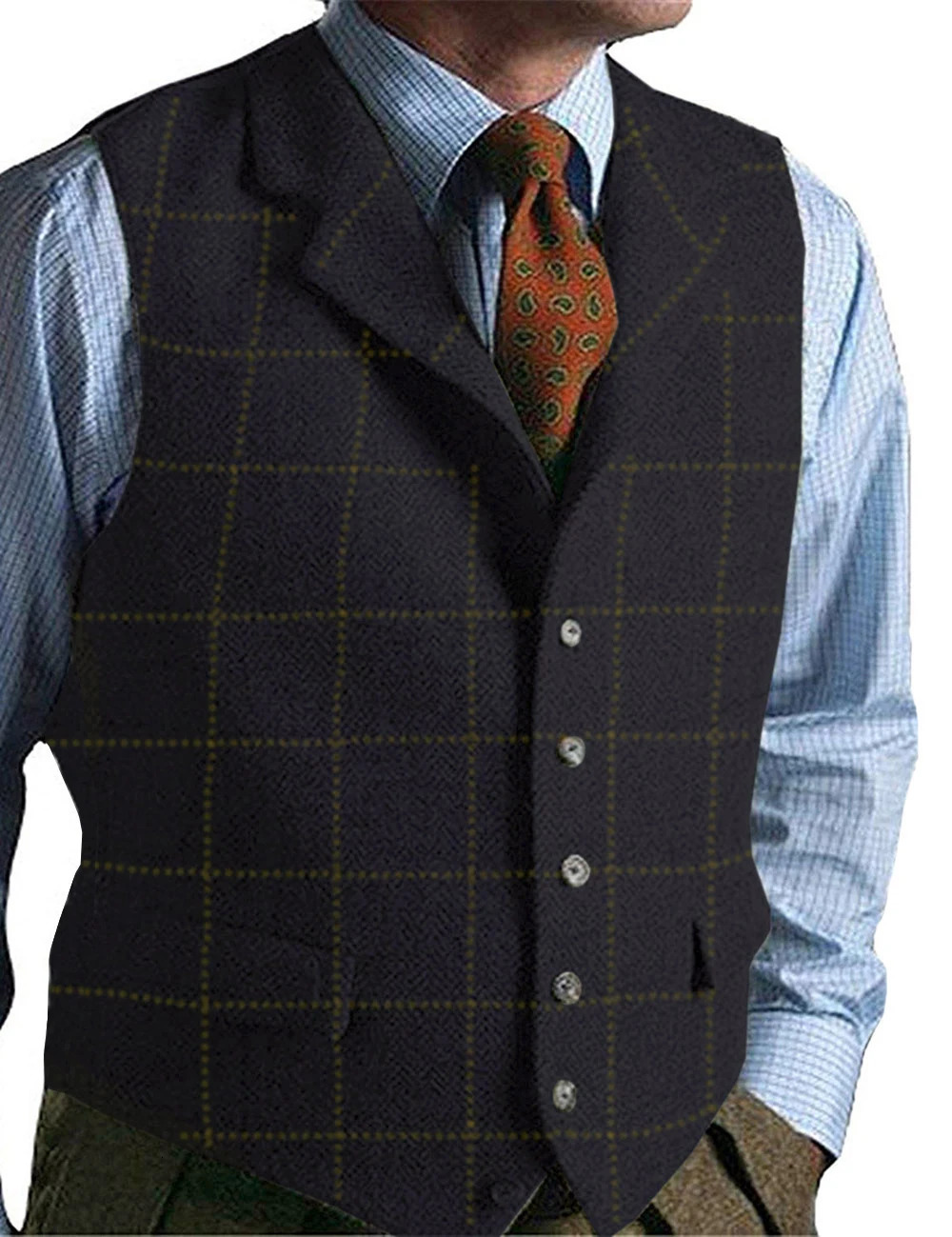 Mens Vest Green Tweed Wool Waistcoat Slim Fit Lapel Plaid Suit Herringbone Tuxedo for wedding custom 250114Z