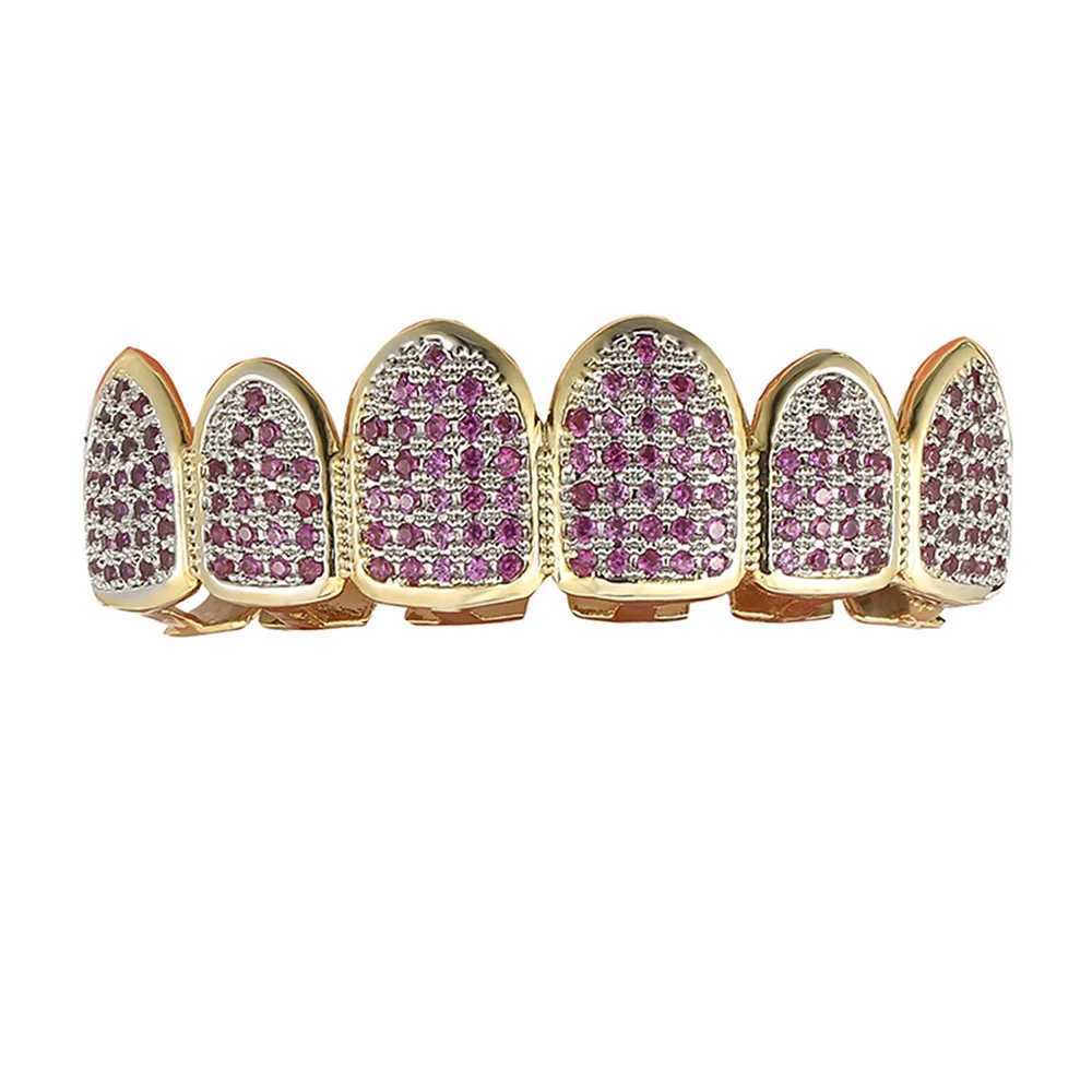 Hip Hop Full CZ Purple Stones Teeth Grillz Caps Cubic Zircon Iced Out Micro Top Bottom Charm Grills Set For Men Women JewelryXJ250114